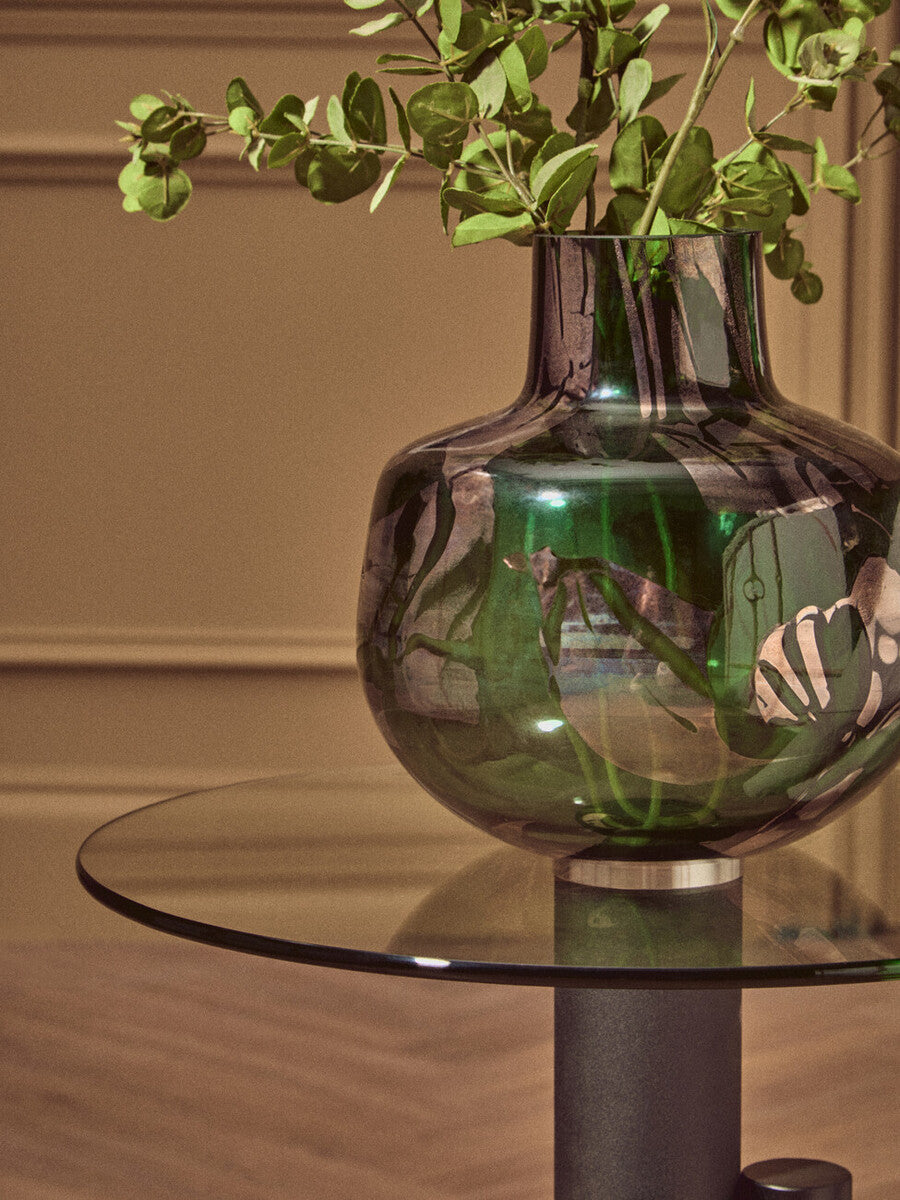 Clear Glass Top Side Table With Black & Gold Column Base, Oria