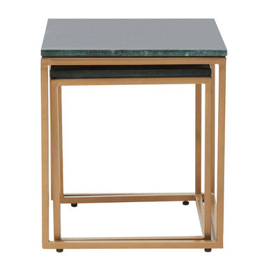 Nest Of Two Green Marble Top Nesting Side Tables With Gold Metal Frame, Varana