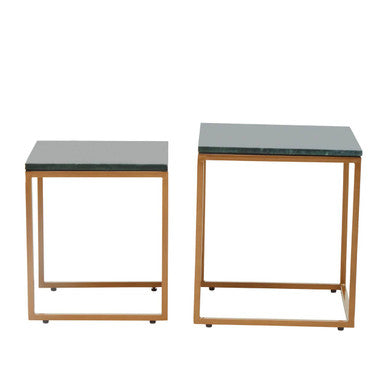 Nest Of Two Green Marble Top Nesting Side Tables With Gold Metal Frame, Varana