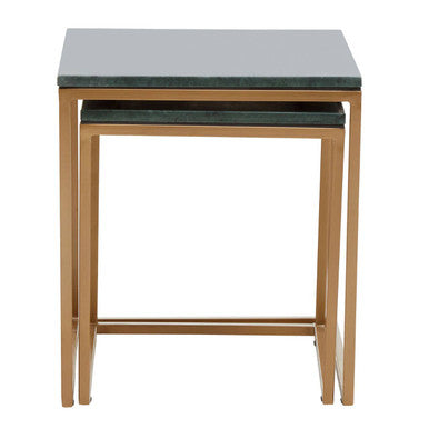 Nest Of Two Green Marble Top Nesting Side Tables With Gold Metal Frame, Varana