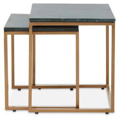 Nest Of Two Green Marble Top Nesting Side Tables With Gold Metal Frame, Varana