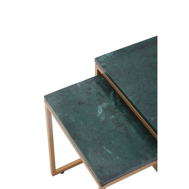 Nest Of Two Green Marble Top Nesting Side Tables With Gold Metal Frame, Varana