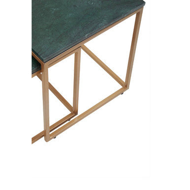 Nest Of Two Green Marble Top Nesting Side Tables With Gold Metal Frame, Varana