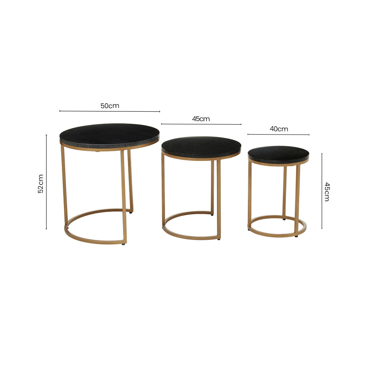 Nest Of 3 Black Marble Round Top Nesting Tables With Matte Gold Metal Base, Varana