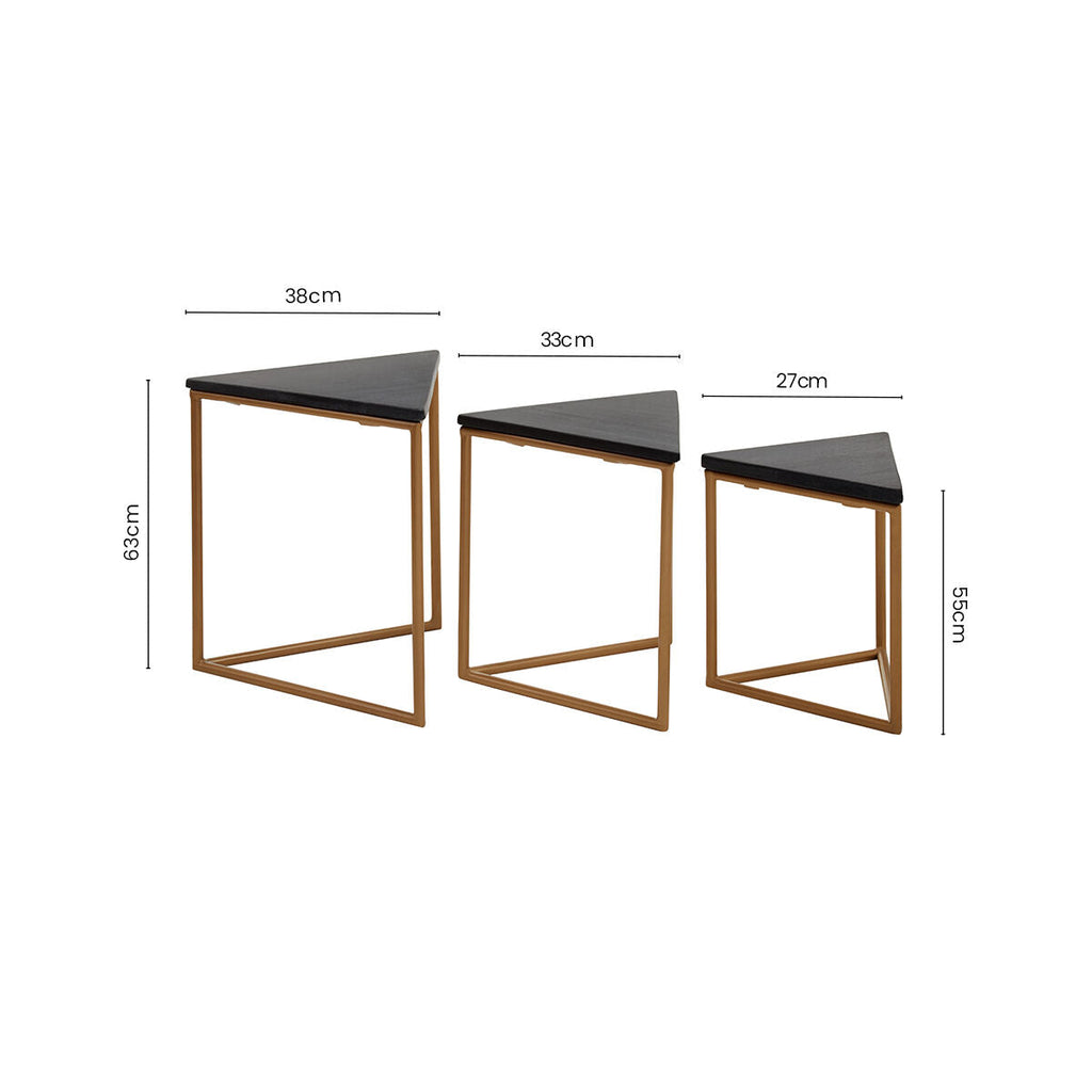 Set Of 3 Black Marble Triangular Nesting Tables With Matte Gold Metal Frames, Varana
