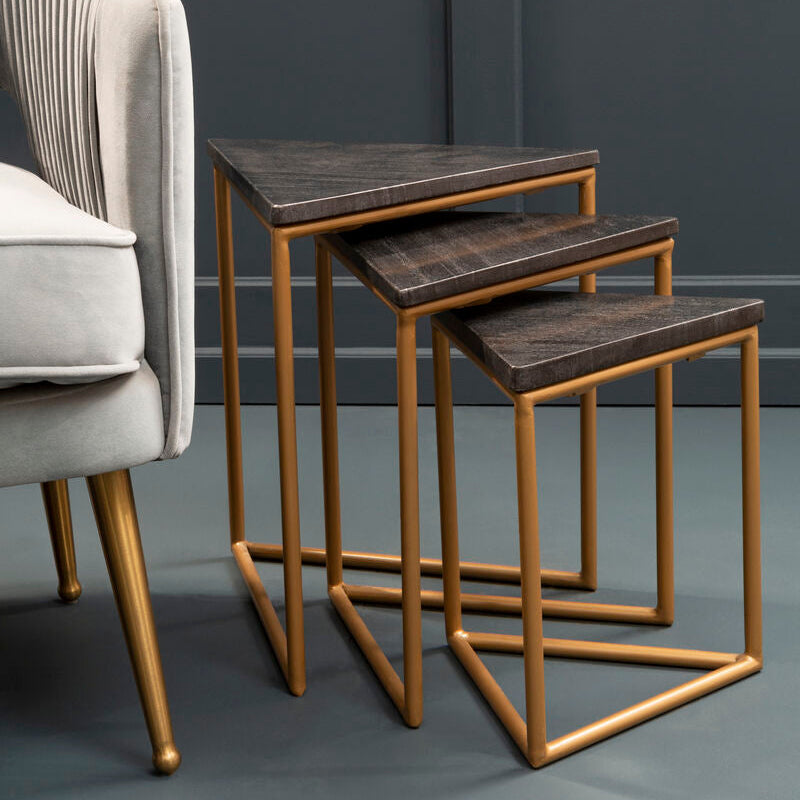 Set Of 3 Black Marble Triangular Nesting Tables With Matte Gold Metal Frames, Varana