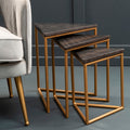 Set Of 3 Black Marble Triangular Nesting Tables With Matte Gold Metal Frames, Varana