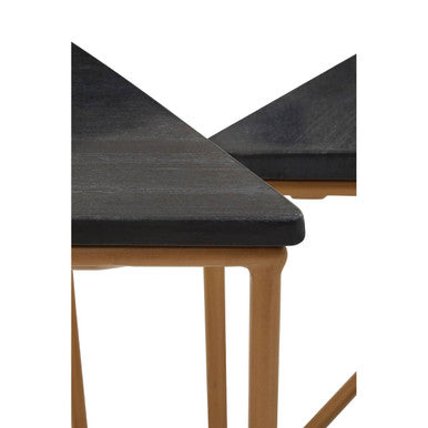Set Of 3 Black Marble Triangular Nesting Tables With Matte Gold Metal Frames, Varana