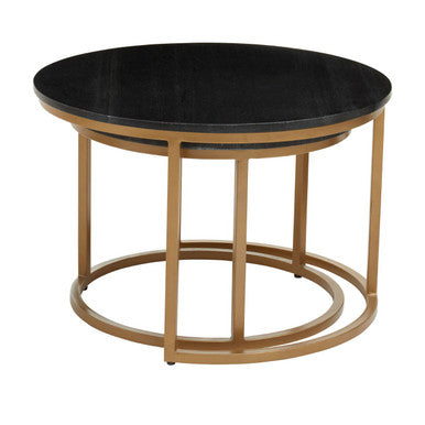 Nest Of 2 Black Round Marble Top Tables With Gold Metal Frames, Varana
