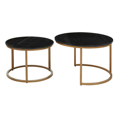 Nest Of 2 Black Round Marble Top Tables With Gold Metal Frames, Varana