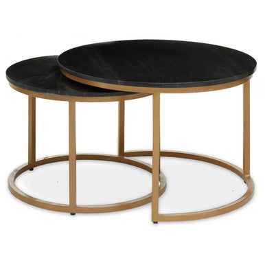 Nest Of 2 Black Round Marble Top Tables With Gold Metal Frames, Varana