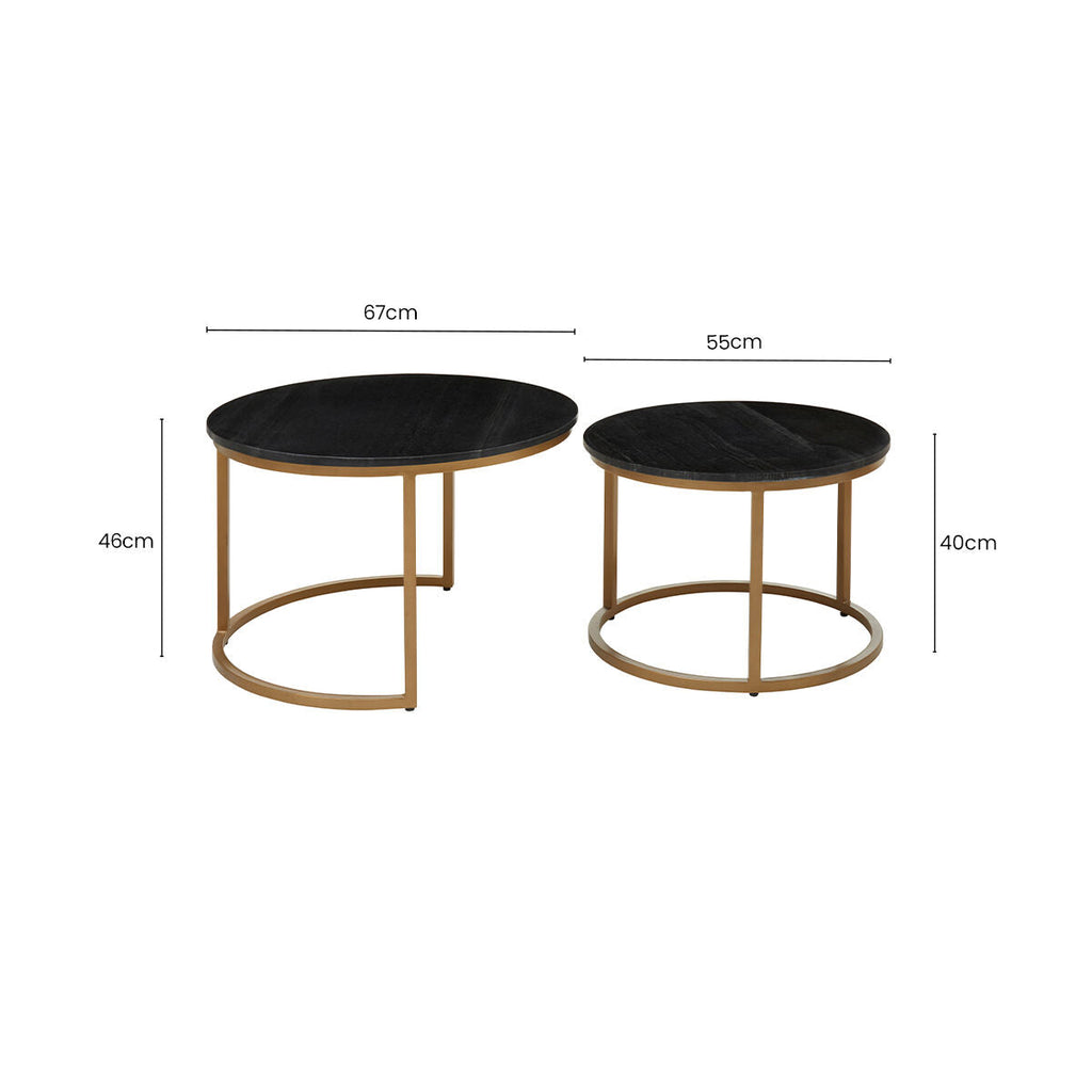 Nest Of 2 Black Round Marble Top Tables With Gold Metal Frames, Varana