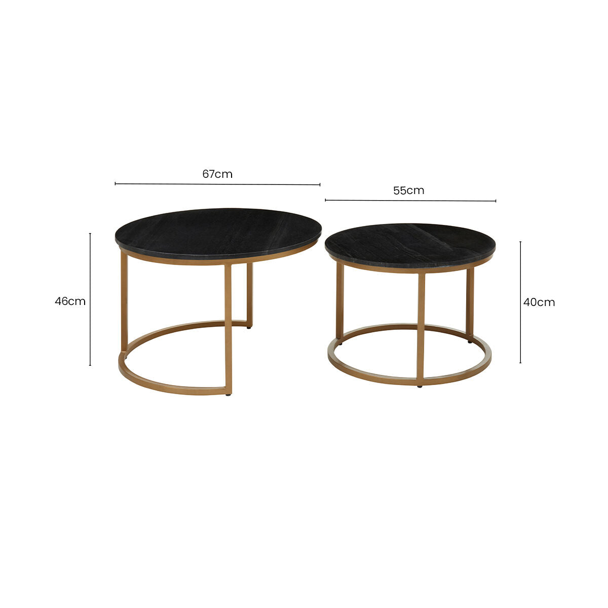 Nest Of 2 Black Round Marble Top Tables With Gold Metal Frames, Varana