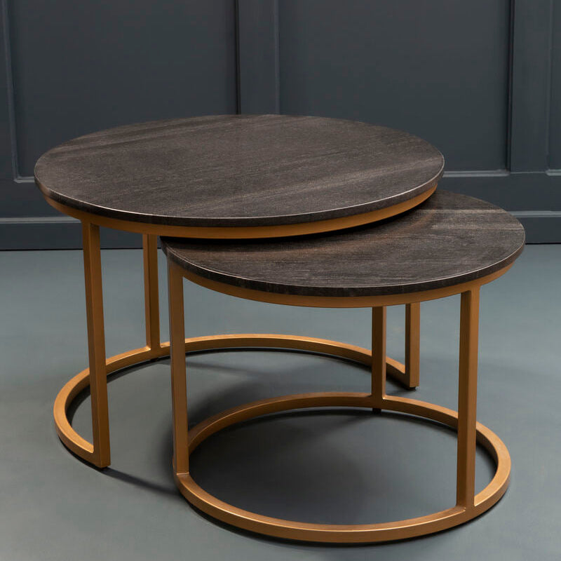 Nest Of 2 Black Round Marble Top Tables With Gold Metal Frames, Varana
