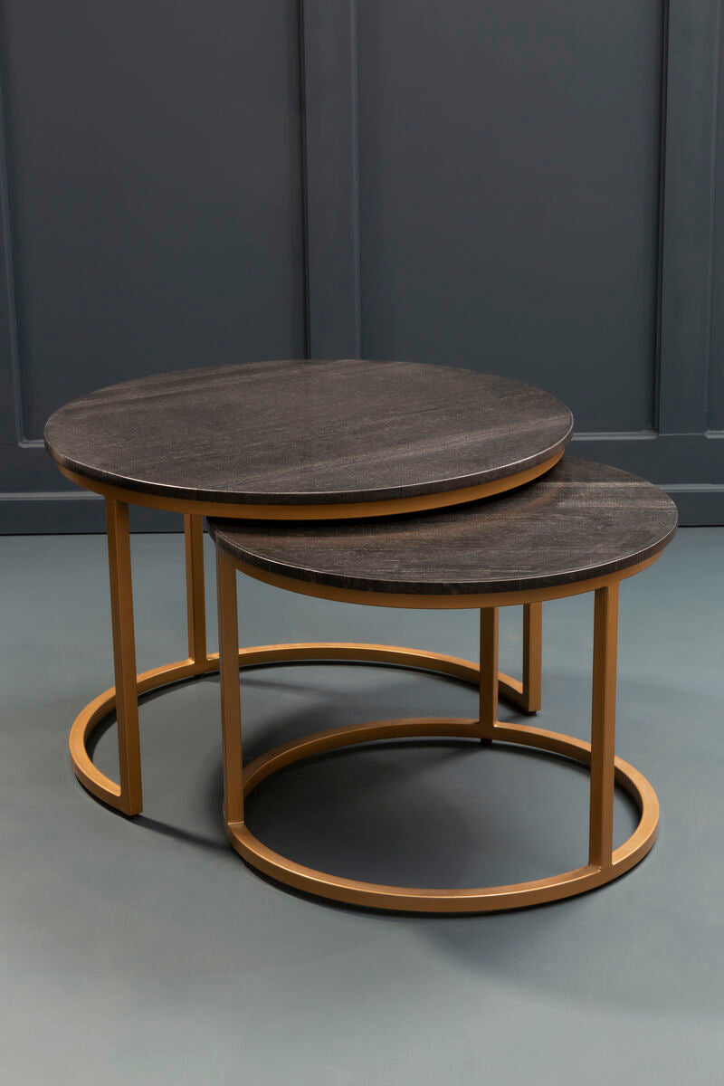 Nest Of 2 Black Round Marble Top Tables With Gold Metal Frames, Varana