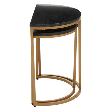 Nest Of 2 Half Moon Black Marble Top Nesting Tables With Gold Metal Bases, Varana