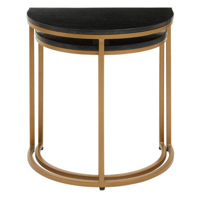 Nest Of 2 Half Moon Black Marble Top Nesting Tables With Gold Metal Bases, Varana