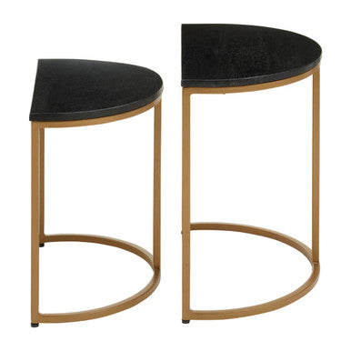 Nest Of 2 Half Moon Black Marble Top Nesting Tables With Gold Metal Bases, Varana