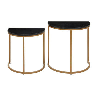 Nest Of 2 Half Moon Black Marble Top Nesting Tables With Gold Metal Bases, Varana