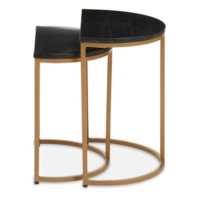 Nest Of 2 Half Moon Black Marble Top Nesting Tables With Gold Metal Bases, Varana