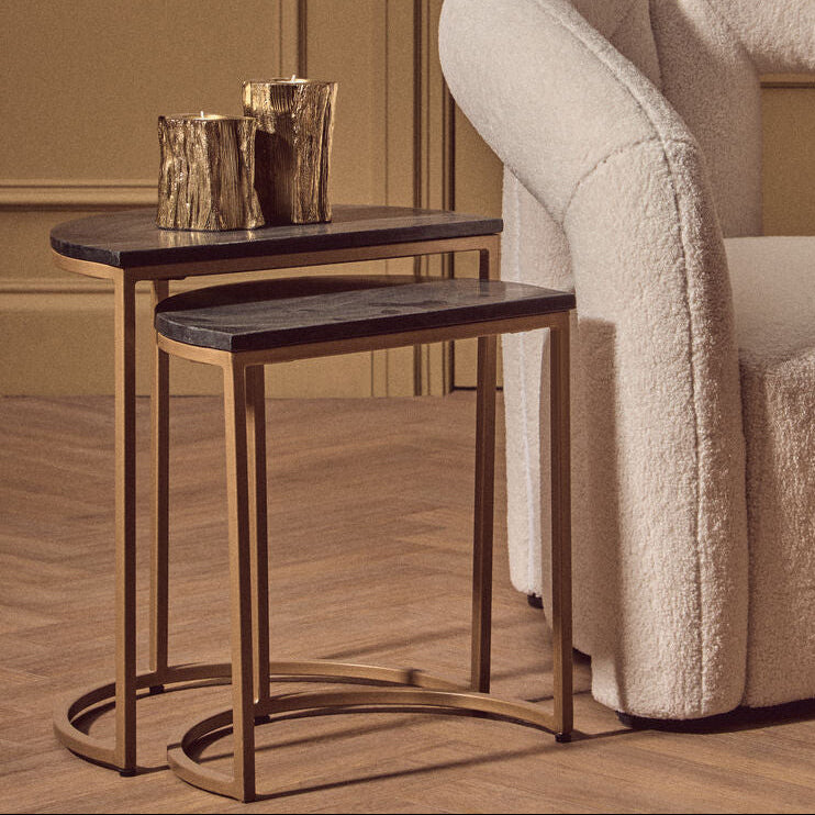 Nest Of 2 Half Moon Black Marble Top Nesting Tables With Gold Metal Bases, Varana