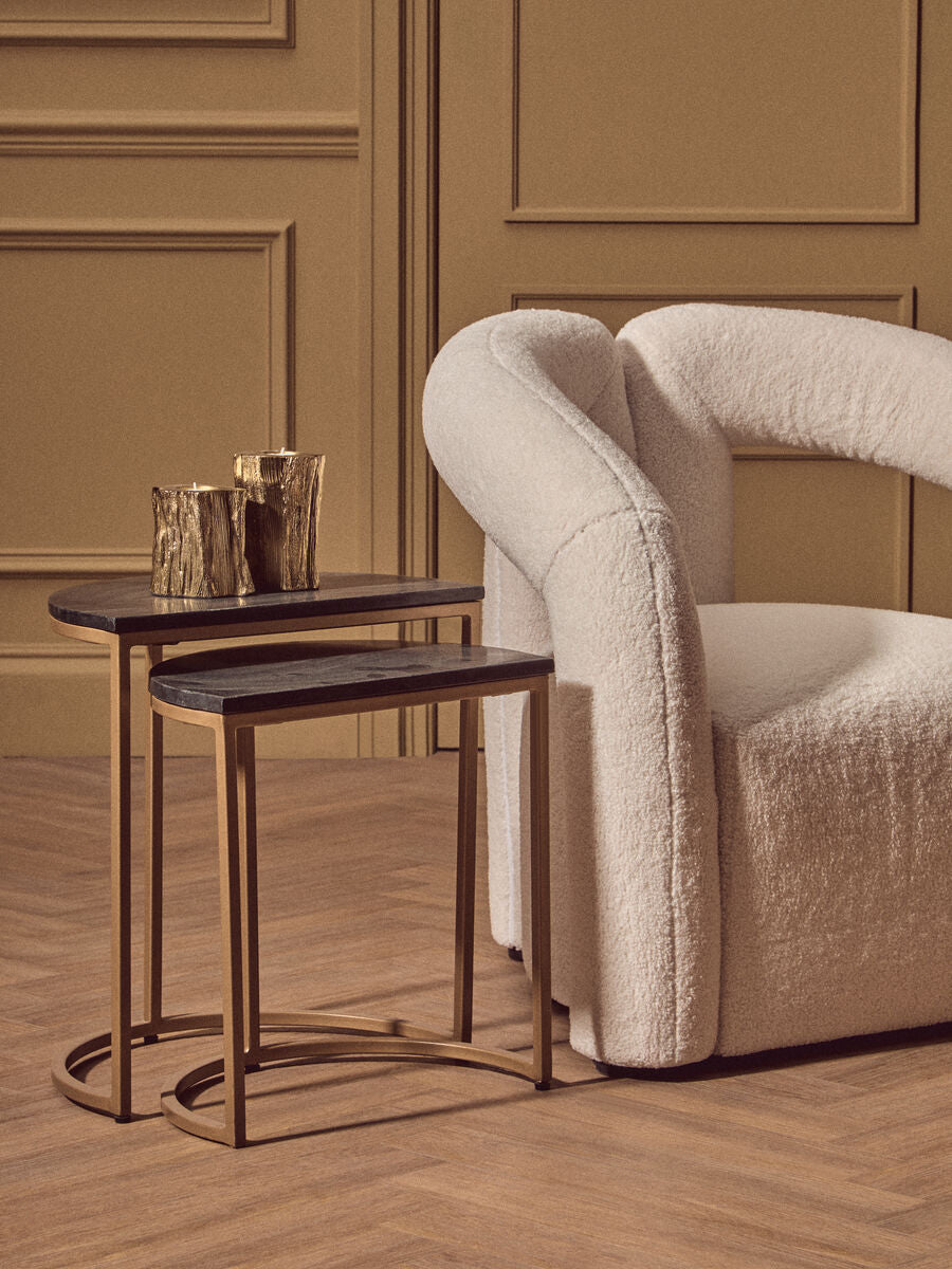 Nest Of 2 Half Moon Black Marble Top Nesting Tables With Gold Metal Bases, Varana