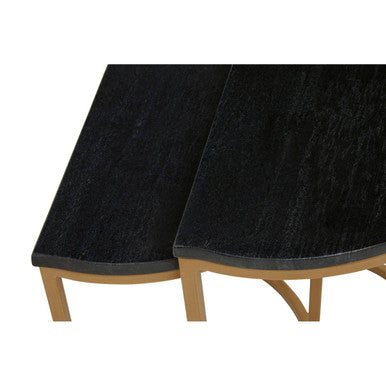 Nest Of 2 Half Moon Black Marble Top Nesting Tables With Gold Metal Bases, Varana