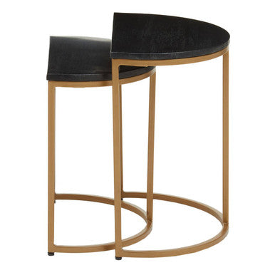 Nest Of 2 Half Moon Black Marble Top Nesting Tables With Gold Metal Bases, Varana