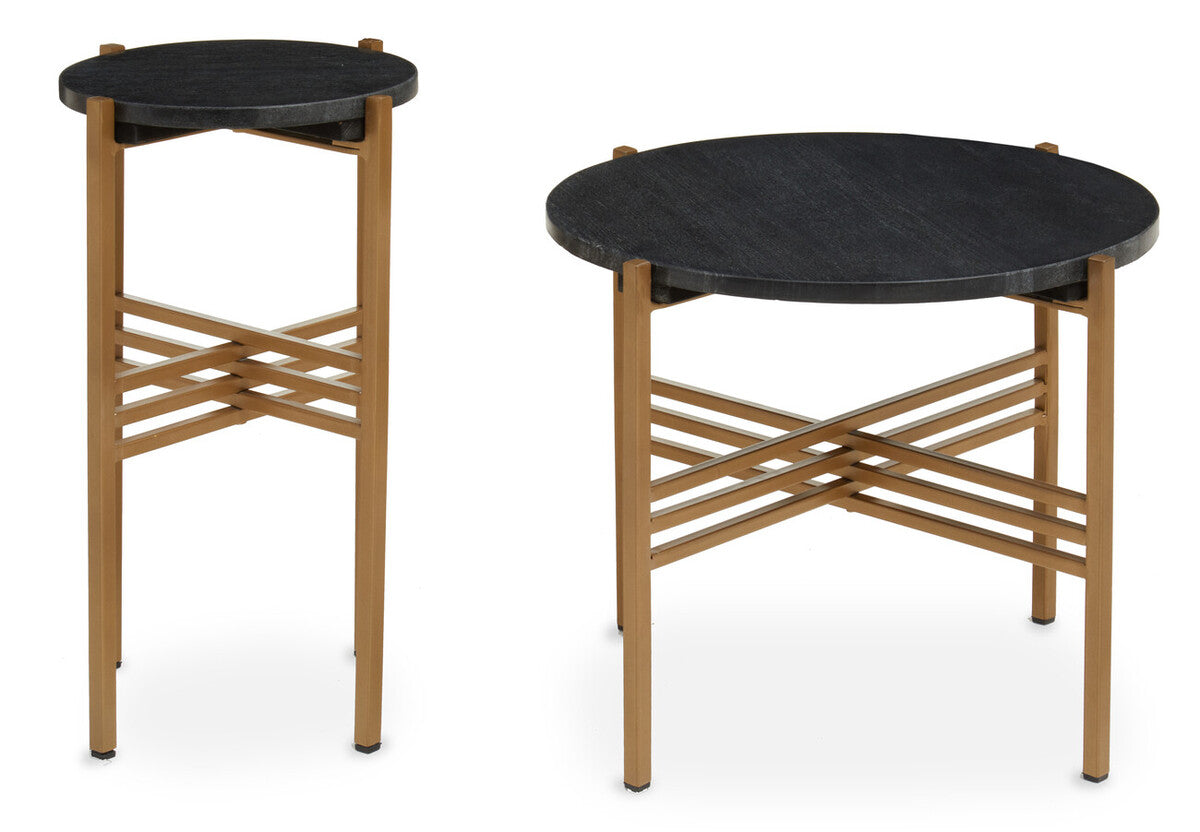 Set Of 2 Black Round Marble Top Side Tables With Gold Geometric Metal Bases, Varana
