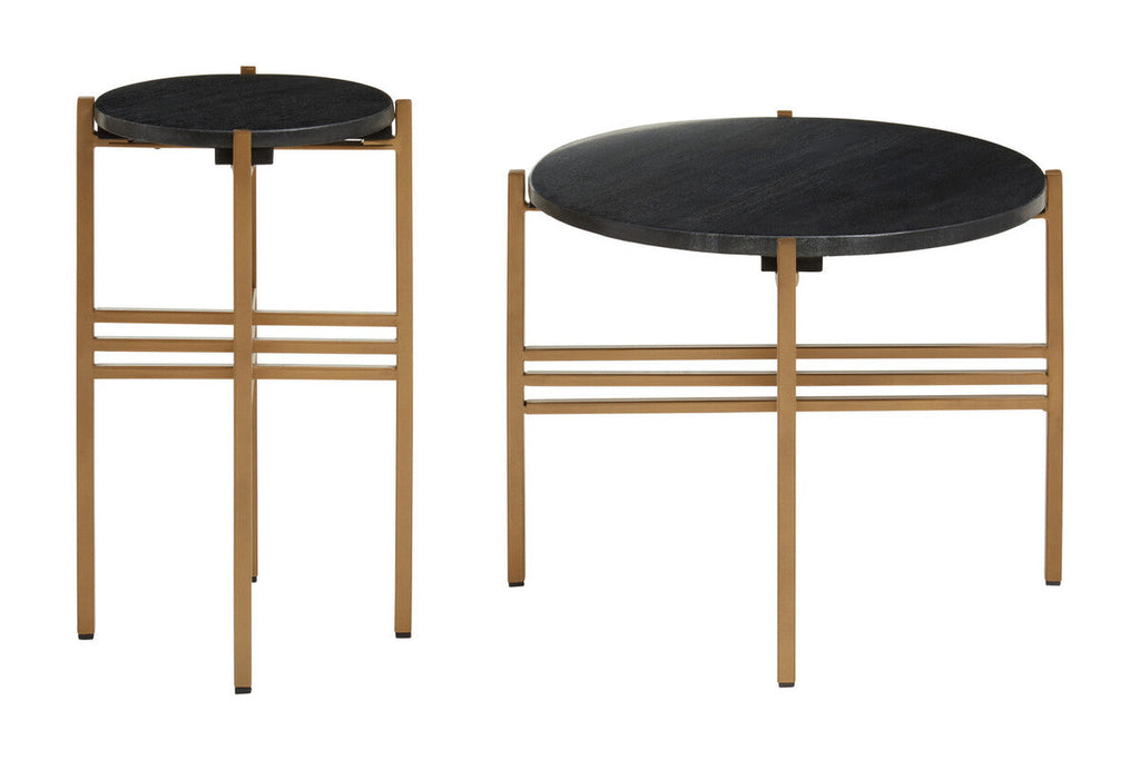 Set Of 2 Black Round Marble Top Side Tables With Gold Geometric Metal Bases, Varana