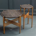 Set Of 2 Black Round Marble Top Side Tables With Gold Geometric Metal Bases, Varana