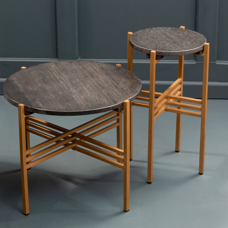 Set Of 2 Black Round Marble Top Side Tables With Gold Geometric Metal Bases, Varana