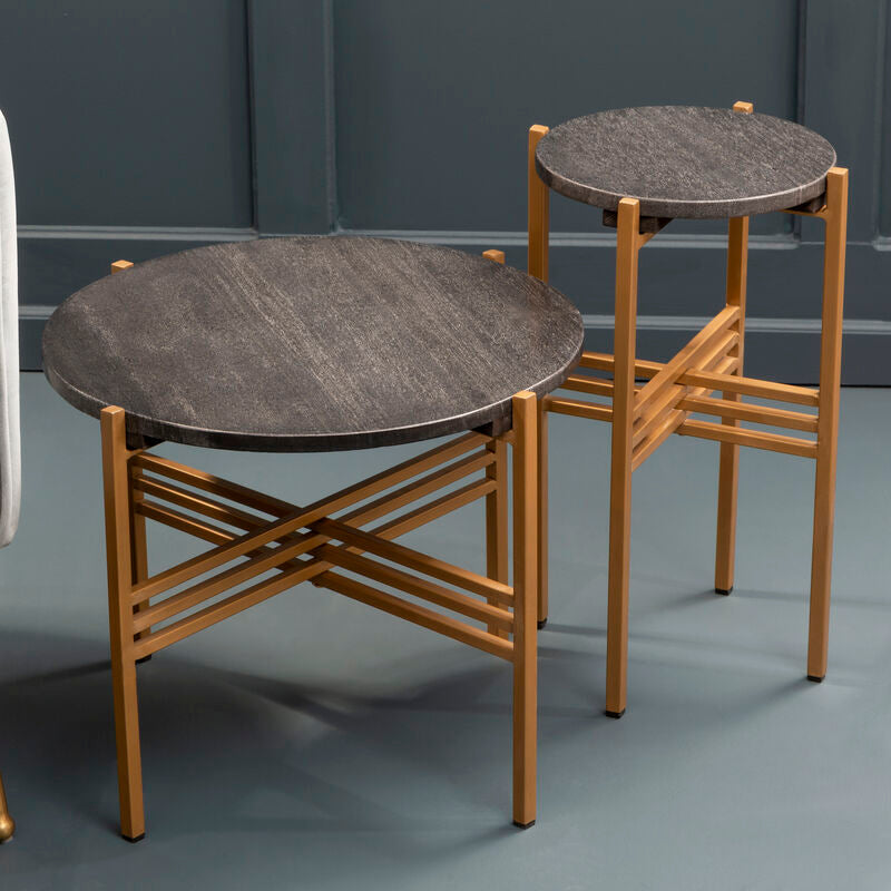 Set Of 2 Black Round Marble Top Side Tables With Gold Geometric Metal Bases, Varana