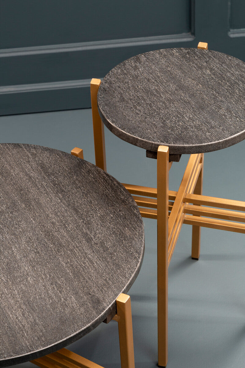 Set Of 2 Black Round Marble Top Side Tables With Gold Geometric Metal Bases, Varana