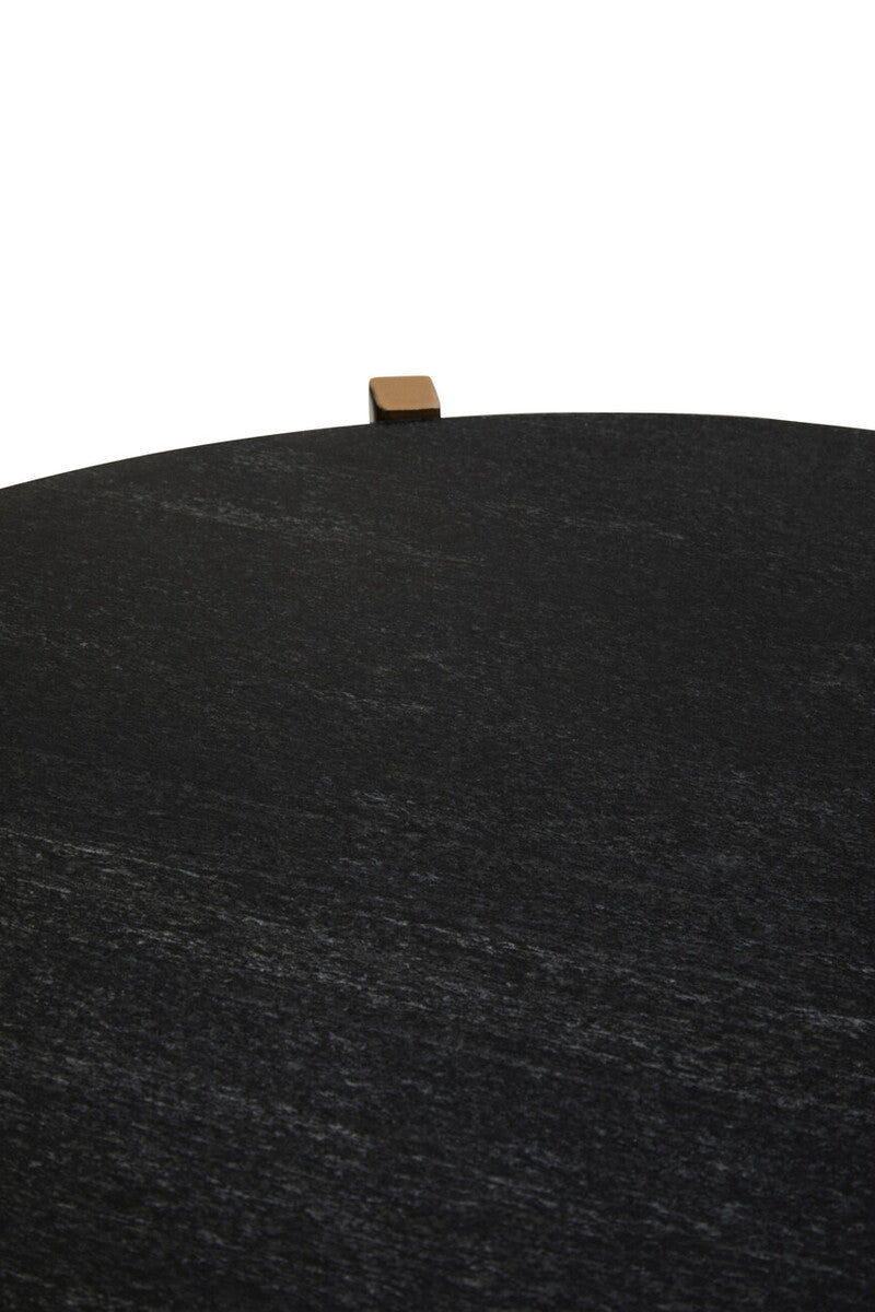 Set Of 2 Black Round Marble Top Side Tables With Gold Geometric Metal Bases, Varana