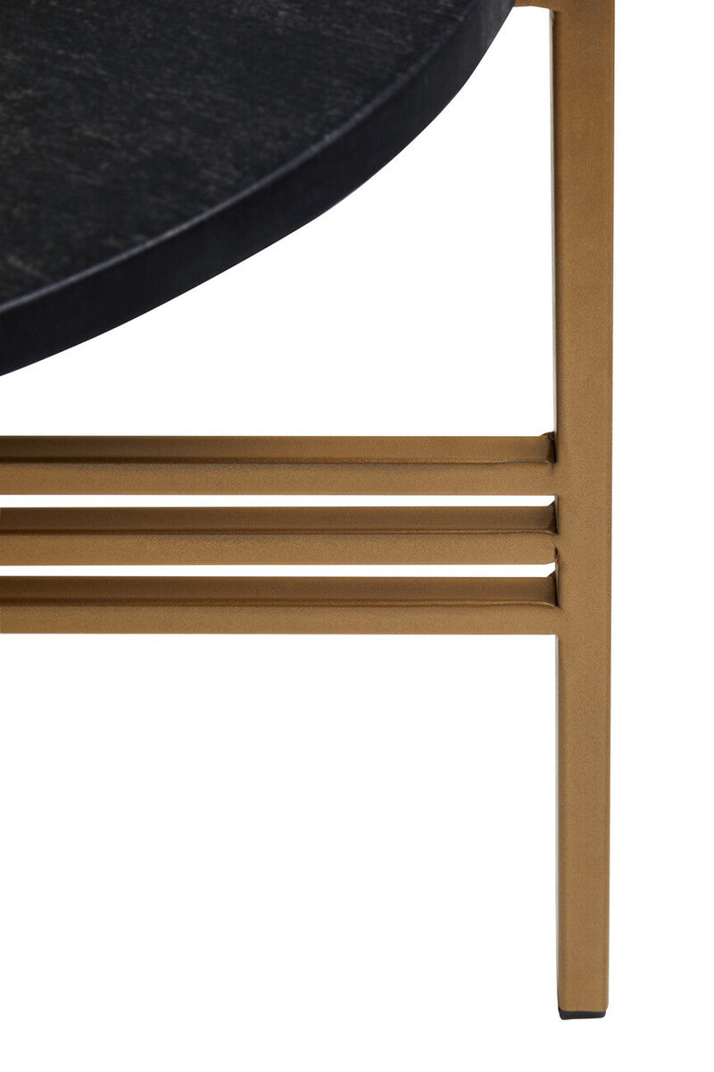 Set Of 2 Black Round Marble Top Side Tables With Gold Geometric Metal Bases, Varana