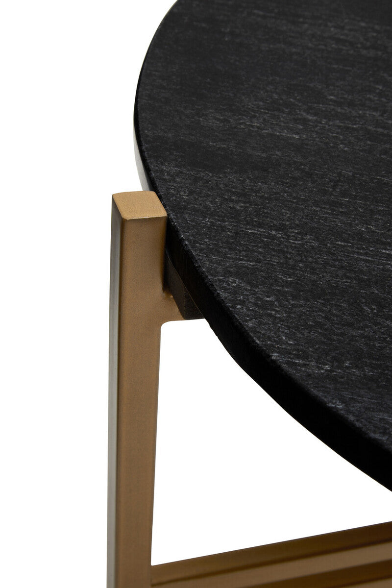 Set Of 2 Black Round Marble Top Side Tables With Gold Geometric Metal Bases, Varana