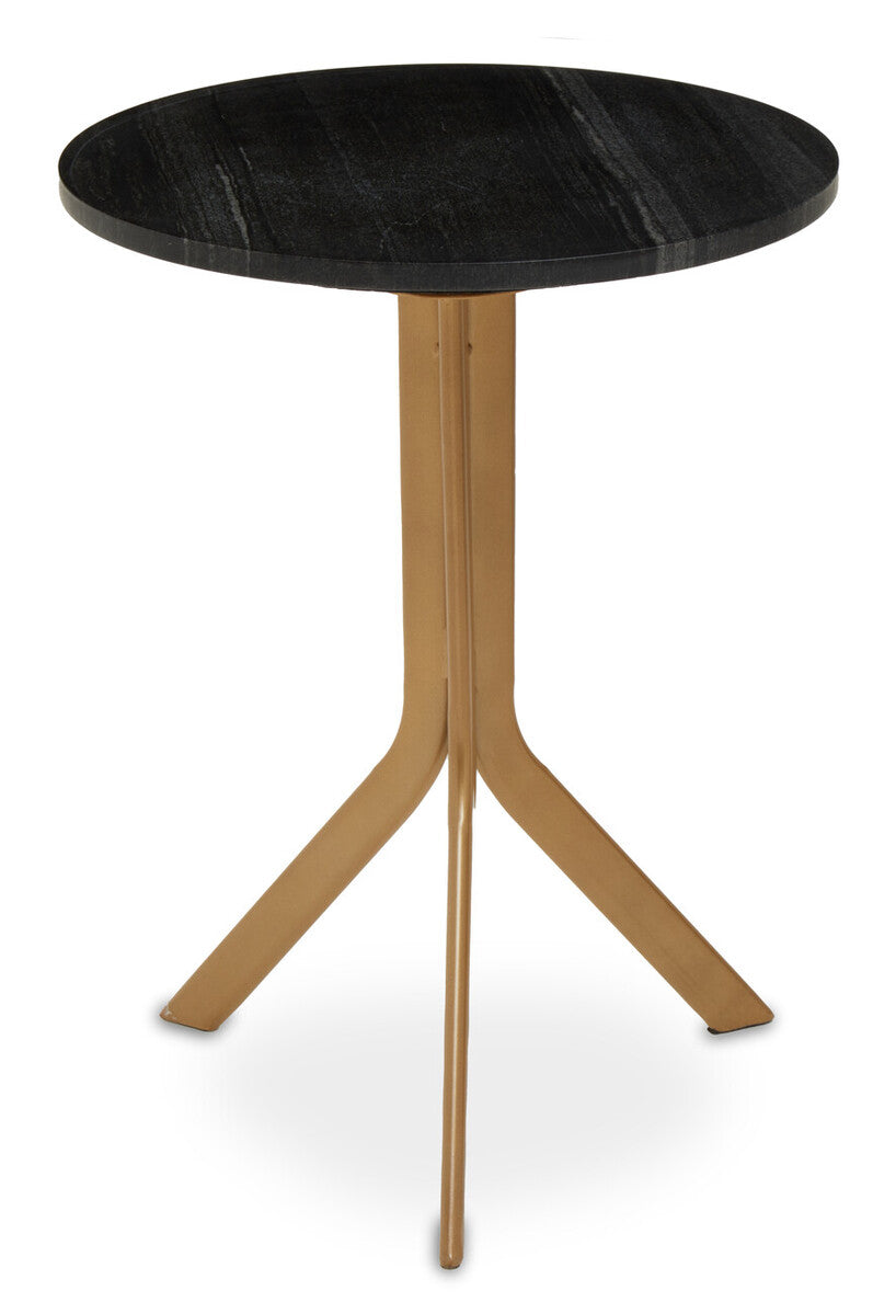 Black Round Marble Top Side Table With Gold Metal Tripod Base, Varana