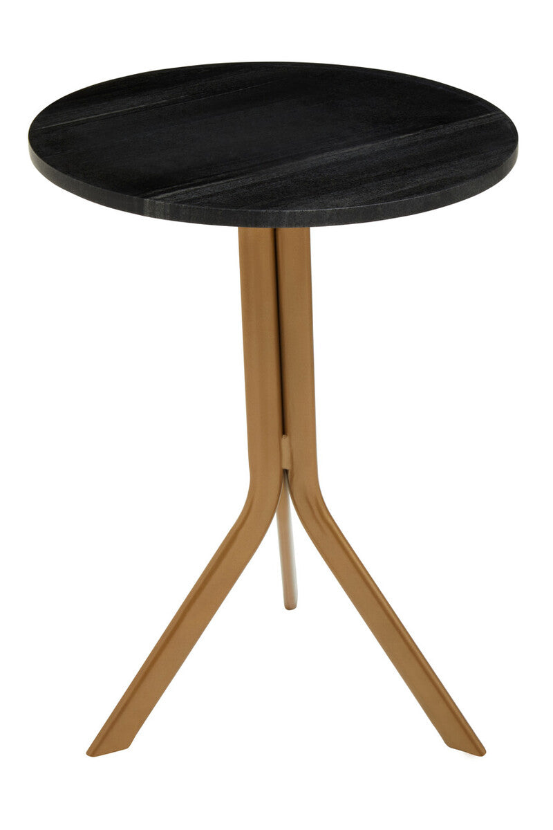 Black Round Marble Top Side Table With Gold Metal Tripod Base, Varana