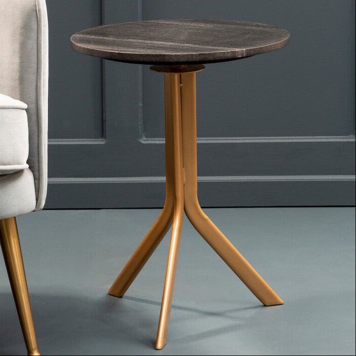Black Round Marble Top Side Table With Gold Metal Tripod Base, Varana