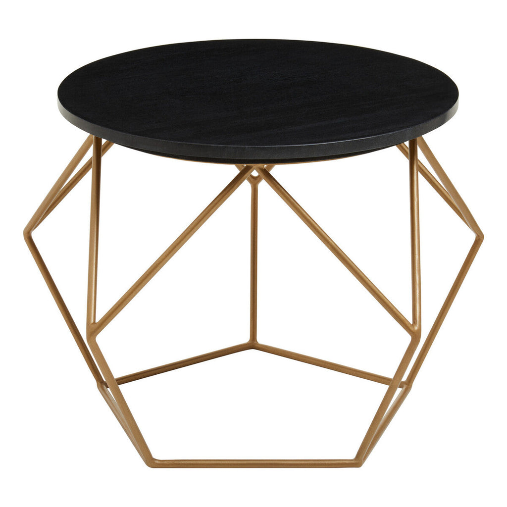 Black Round Marble Top Coffee Table With Matte Gold Geometric Metal Frame, Varana