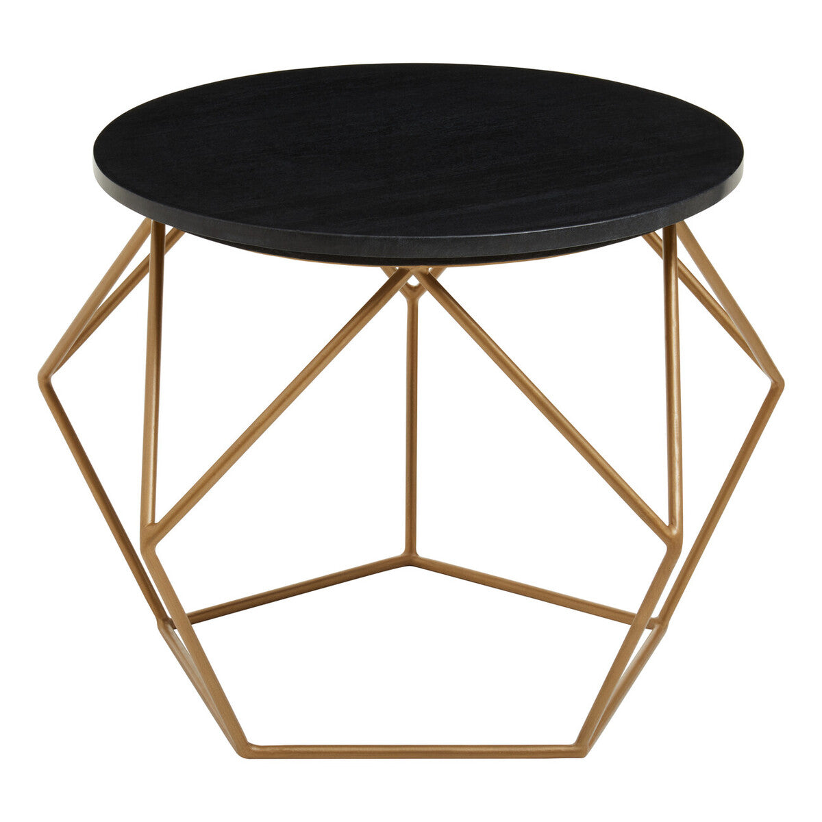 Black Round Marble Top Coffee Table With Matte Gold Geometric Metal Frame, Varana