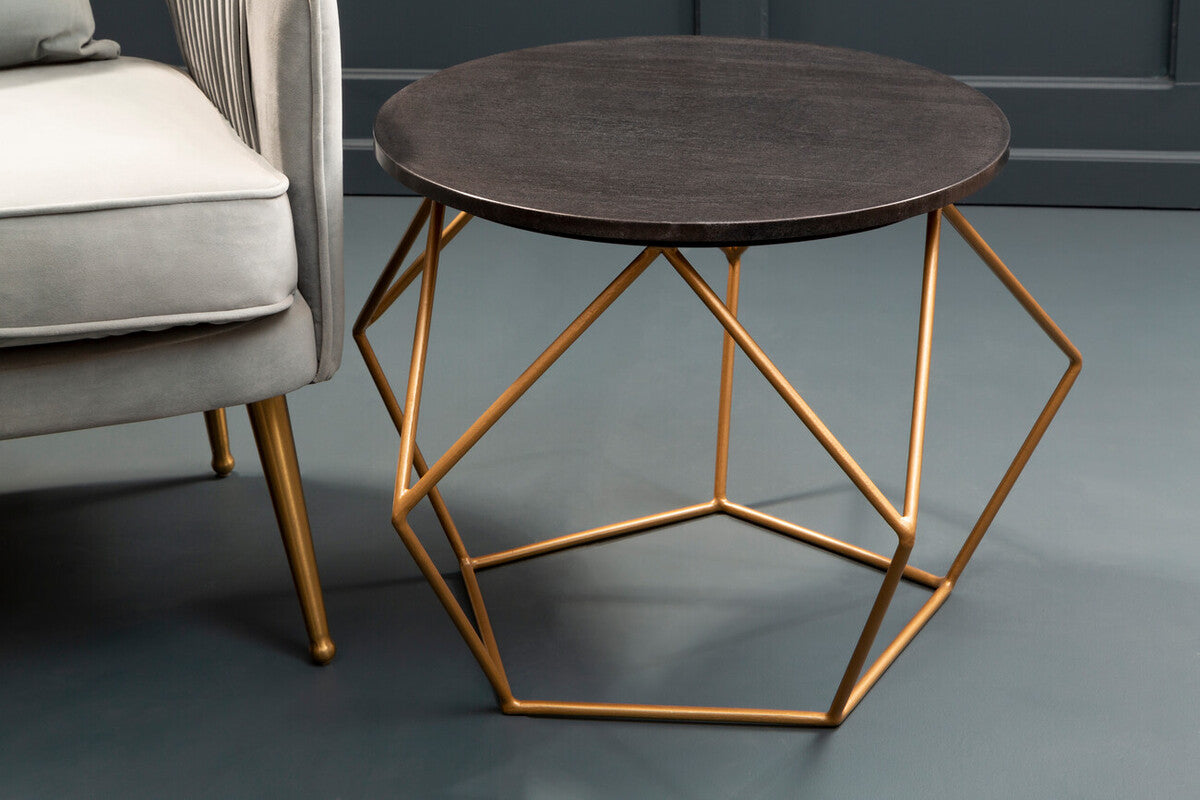Black Round Marble Top Coffee Table With Matte Gold Geometric Metal Frame, Varana