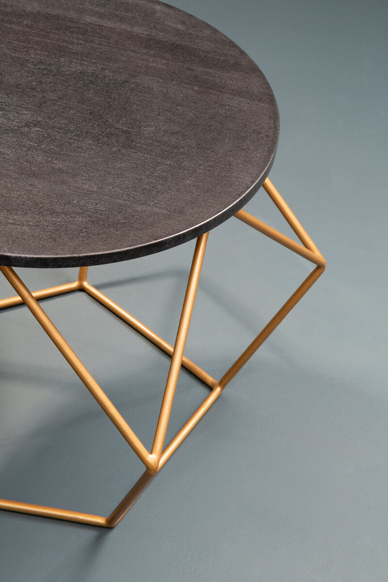 Black Round Marble Top Coffee Table With Matte Gold Geometric Metal Frame, Varana