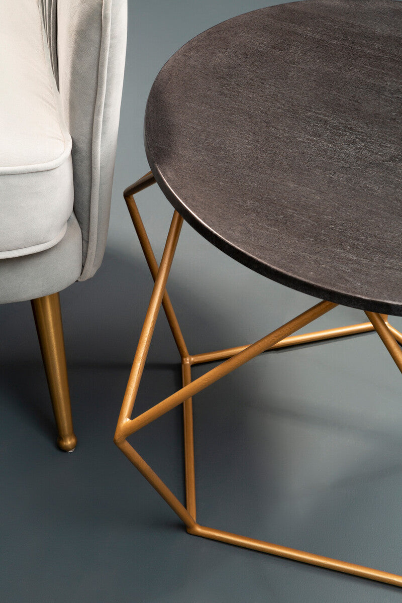 Black Round Marble Top Coffee Table With Matte Gold Geometric Metal Frame, Varana