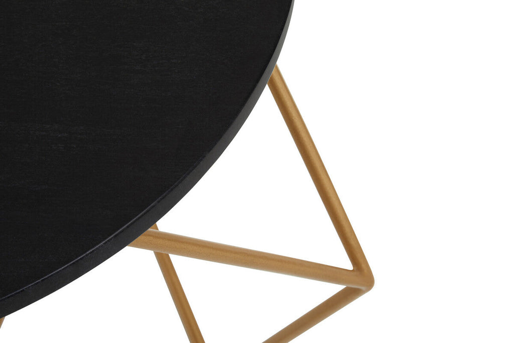 Black Round Marble Top Coffee Table With Matte Gold Geometric Metal Frame, Varana