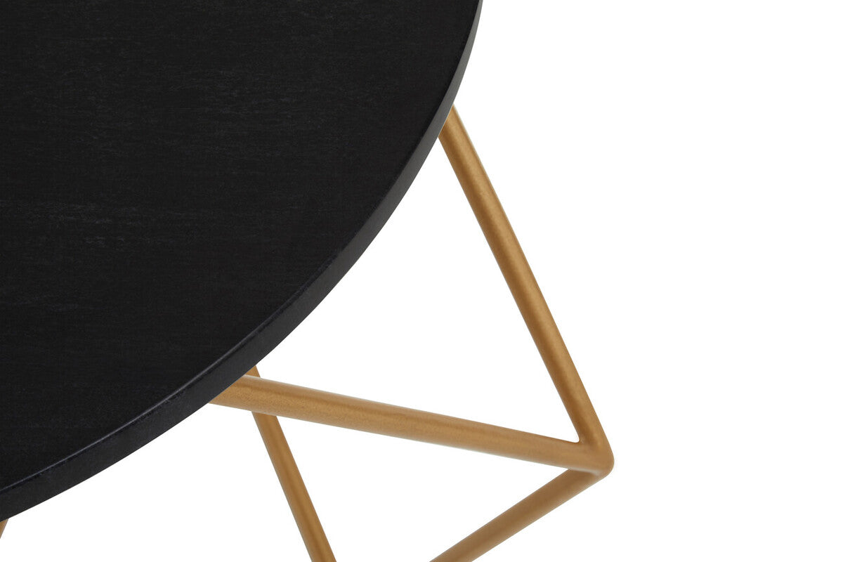 Black Round Marble Top Coffee Table With Matte Gold Geometric Metal Frame, Varana