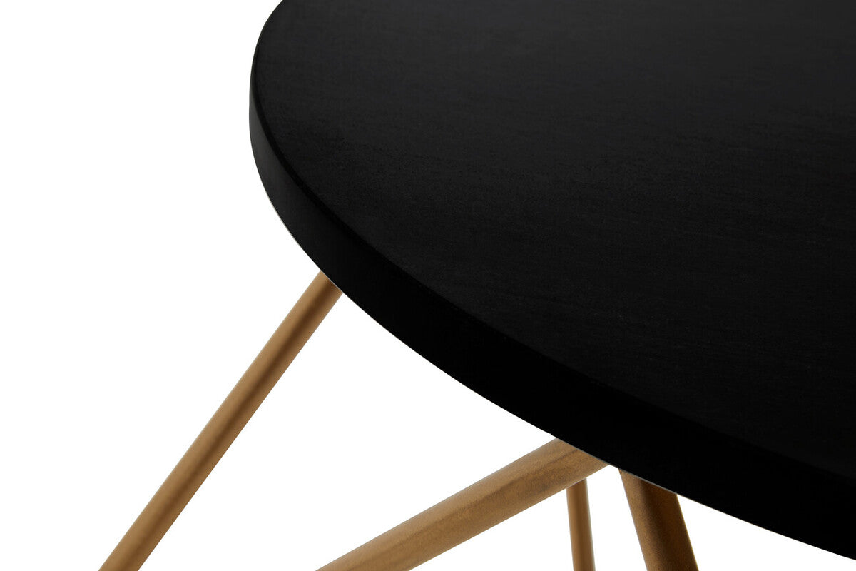 Black Round Marble Top Coffee Table With Matte Gold Geometric Metal Frame, Varana