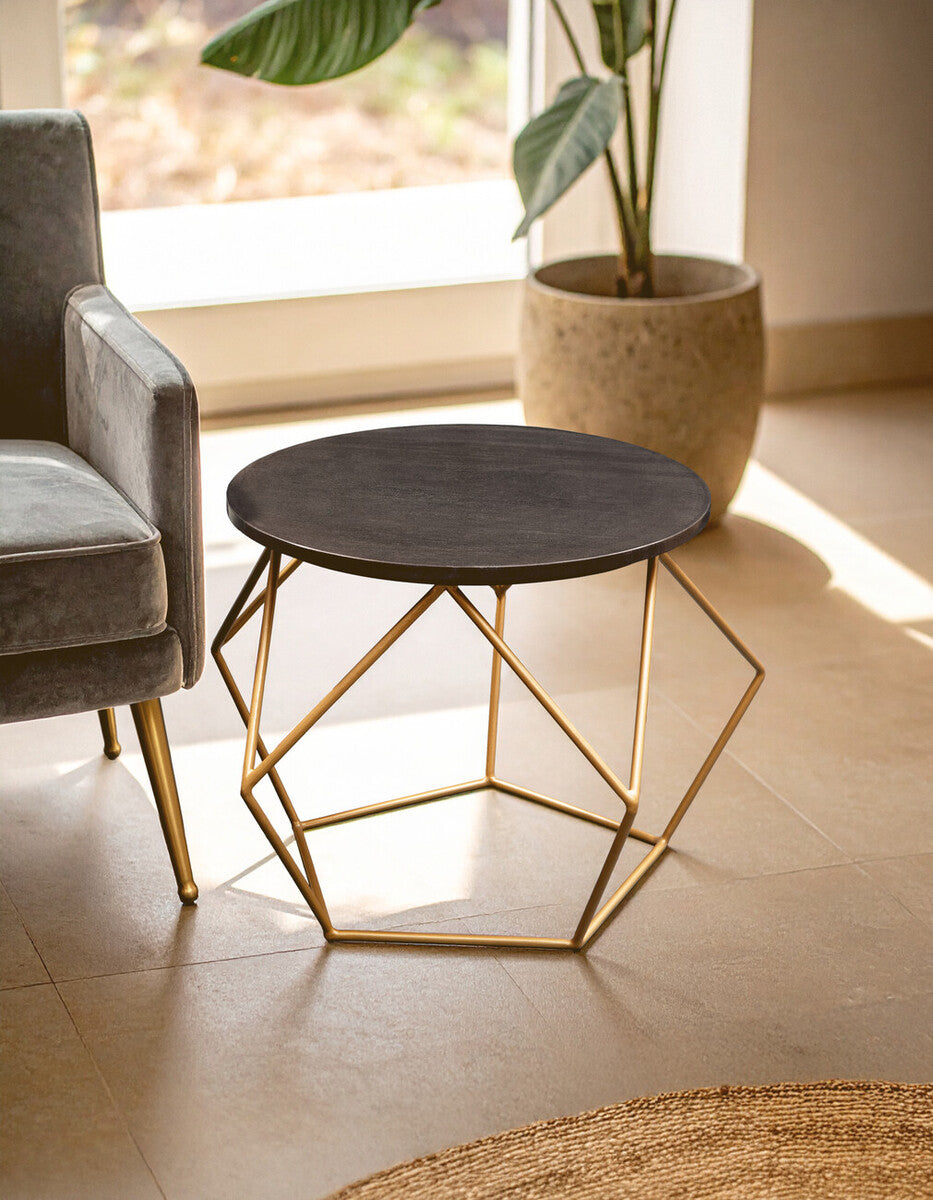 Black Round Marble Top Coffee Table With Matte Gold Geometric Metal Frame, Varana