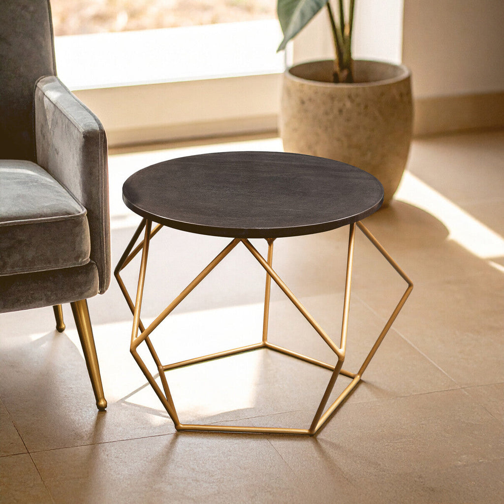 Black Round Marble Top Coffee Table With Matte Gold Geometric Metal Frame, Varana